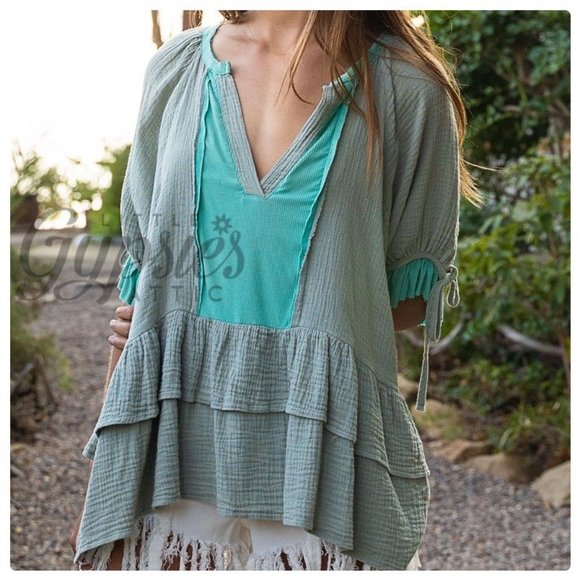 POL Emerald Sage Bohemian Tunic Top - Picture 3 of 14